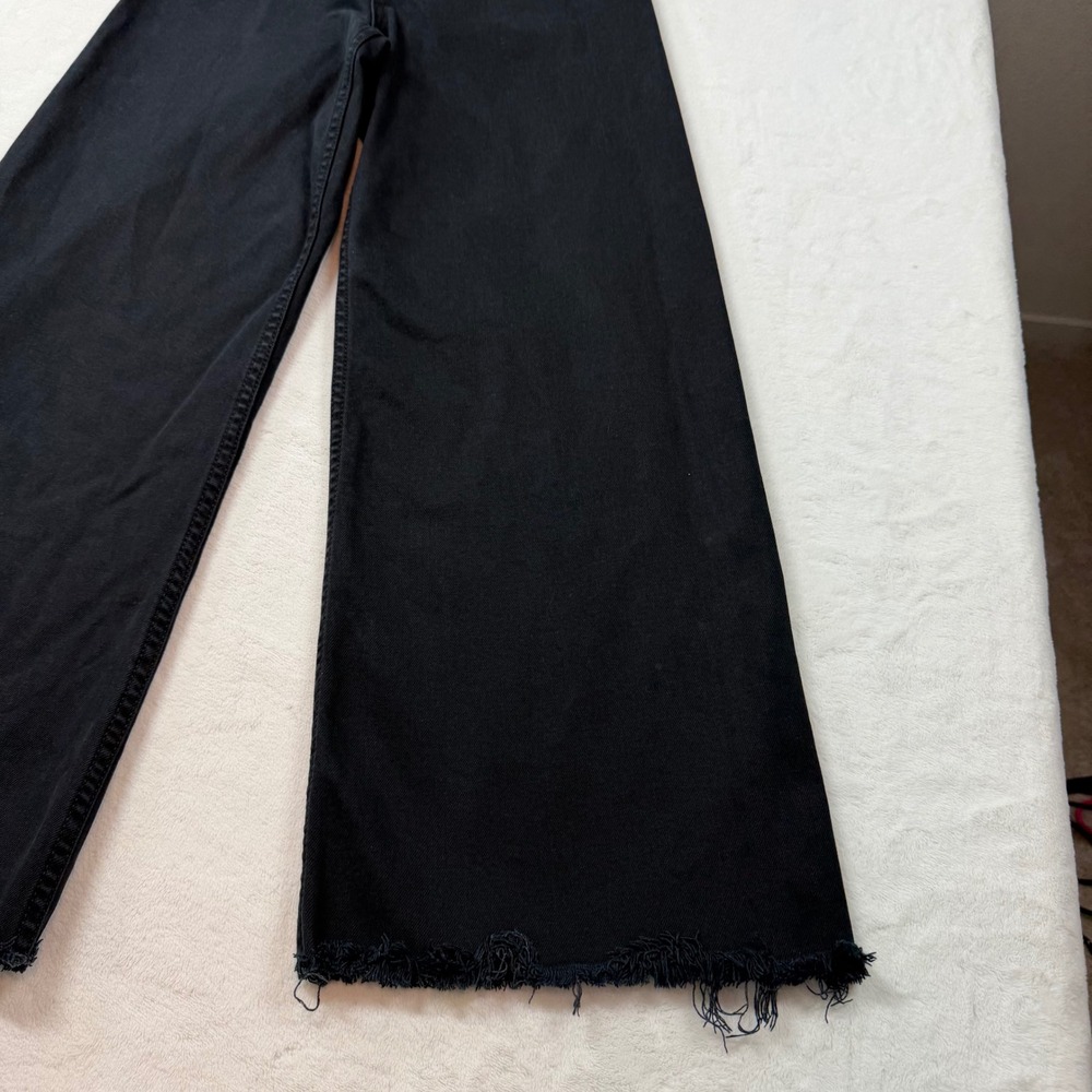 Zara Wide Leg Jeans Womens 0 Black Good High Waisted Raw Hem Frayed Denim - Picture 4 of 12